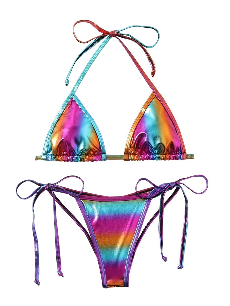 Balasami Women's Liquid Metallic Rainbow Bikini Sets Shiny String Padded Triangle 2 Pieces Swimsuit Set - Image 1